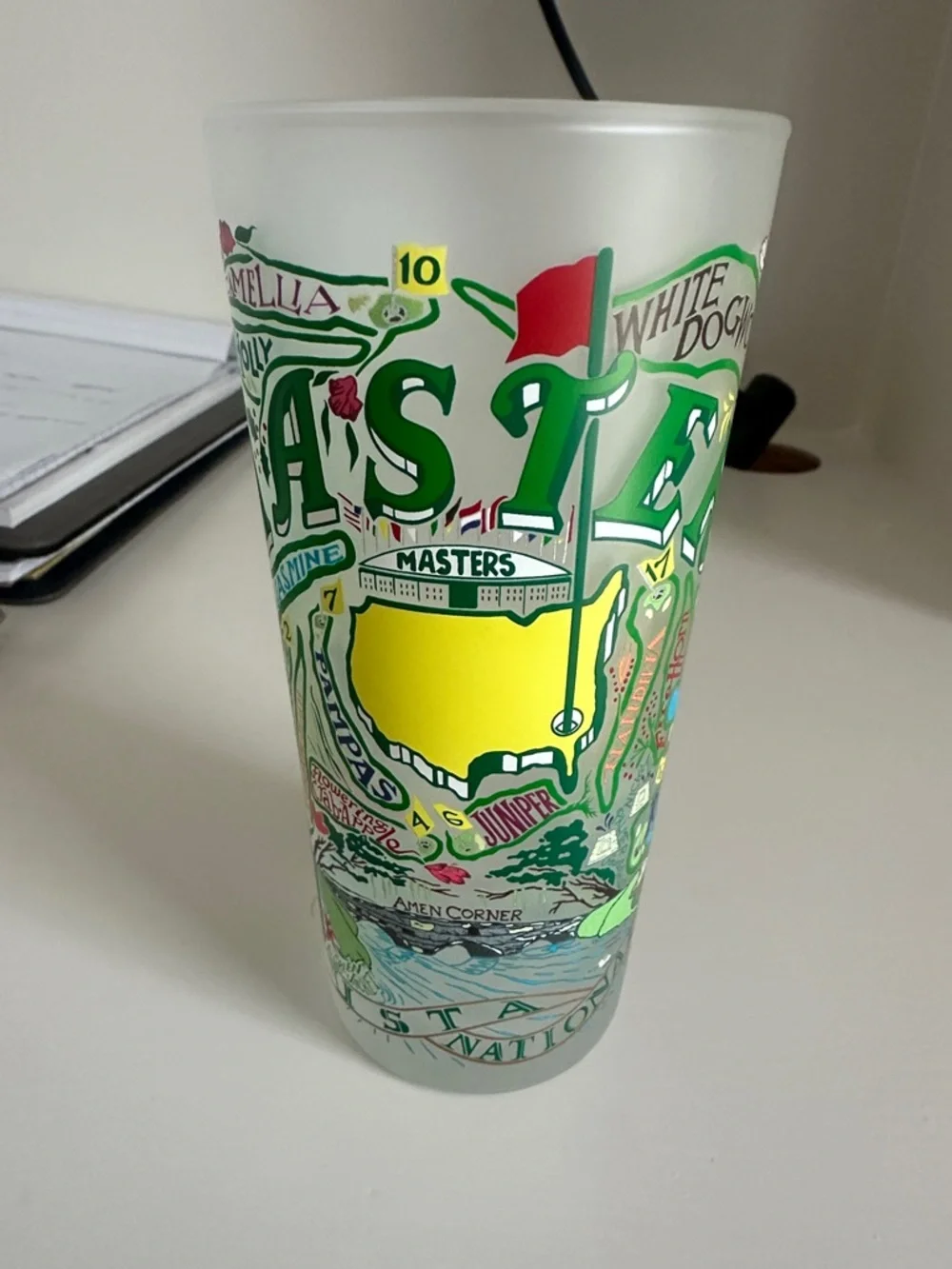 Masters Tournament Souvenir Frosted Glass - Yellow & Green Design - Picture 1 of 3